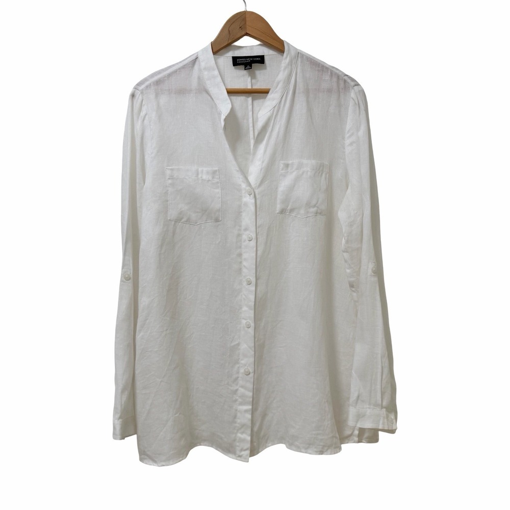 Jones NY Womens 100% Linen Button Front Long Sleeve Shirt Size 14 White Coastal
